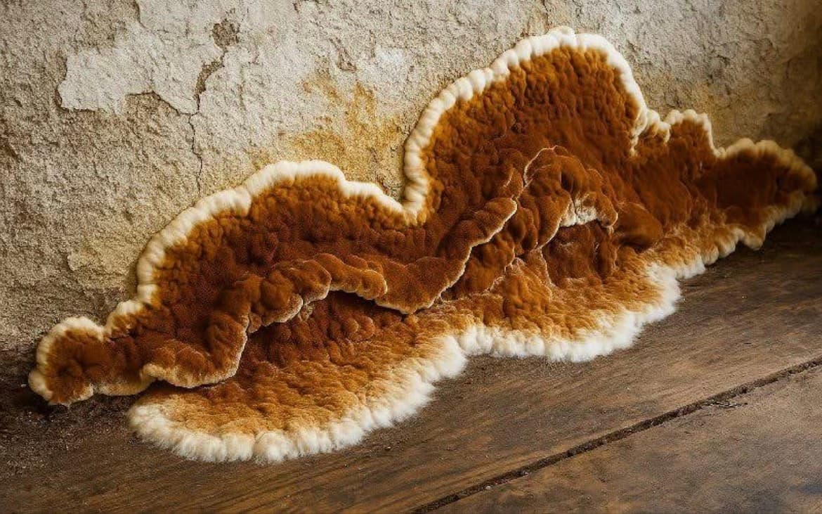 Champignon lignivore developpe sur un mur - fructification orangee a bords blancs